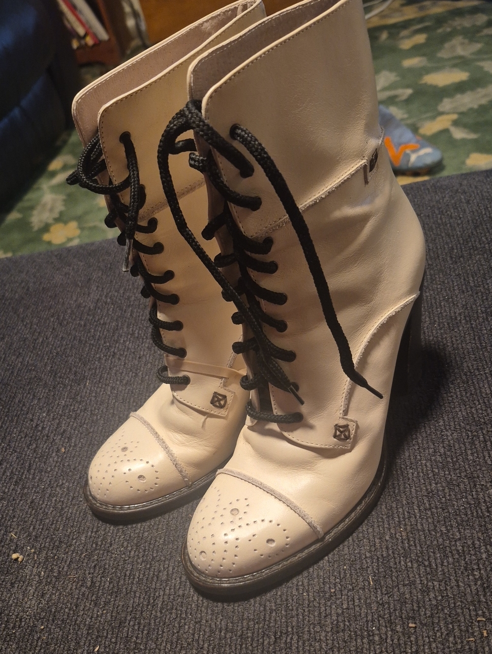 Charles David Cream Lace-Up Heeled Brogue Boots with Black Laces